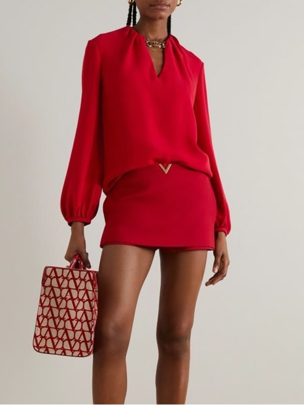 Valentino Garavani red v cut embellished wool blend skort